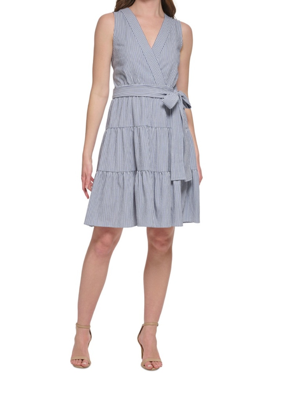 Tommy Hilfiger Petite Striped Seersucker Sleeveless Wrap Dress